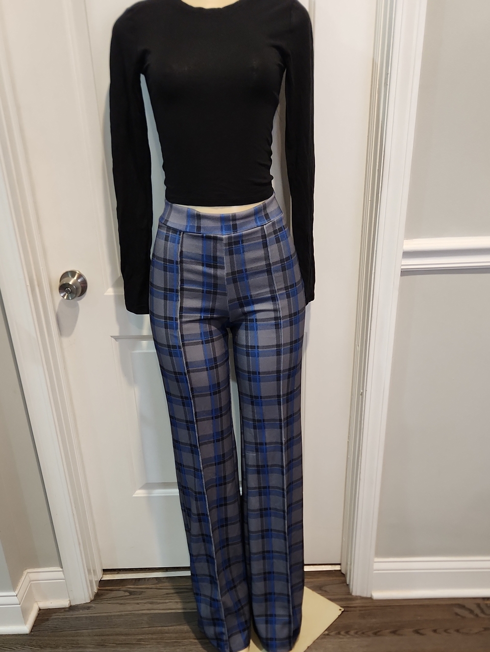 Fashion Nova Blue & Gray Plaid Wide-Leg Trousers